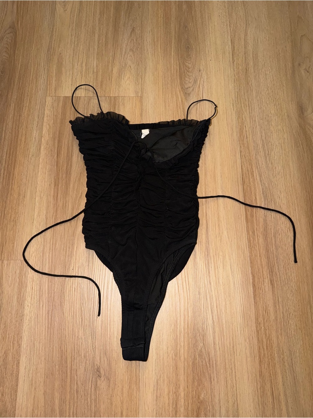 Black Ruched Women’s Bodysuit with Tie Straps